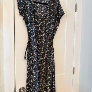 LOFT Black Floral Tie-Waist Maxi Dress with Pink & Green Accents